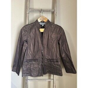 Coldwater Creek Brown Bronze Metallic Denim Snap Front Jacket Blazer Sz 8 EUC